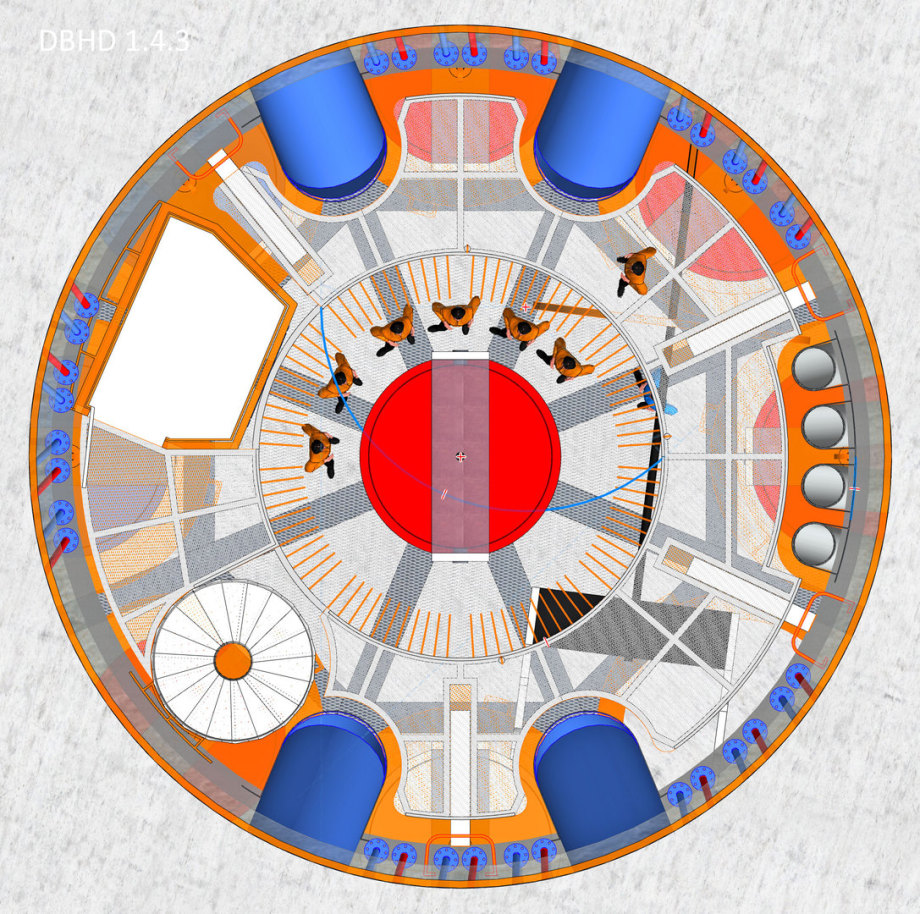 Grundriss DBHD Zugangs-Schacht D=12 Meter - DBHD Shaft floorplan 90° Piping System before