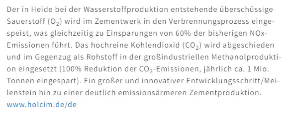 >>> Holcim - Cement and Concrete - within Westküste100  gets delivered O2 for low CO2 cement production - delivers CO2 for Methanol production - #Brilliant #Concept #Holcim