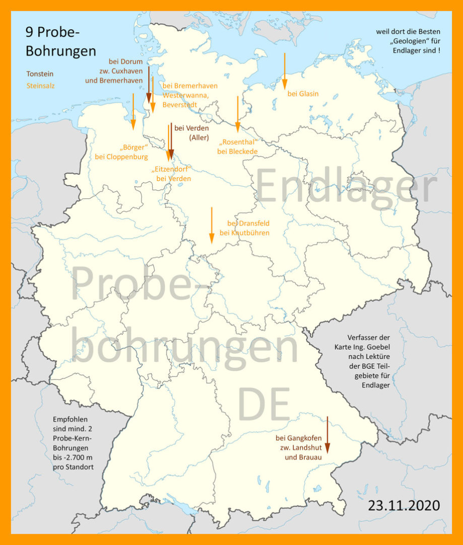 Karte DBHD Endlager-Standorte Deutschland - Probe-Bohrungen - Hinweis von Ing. Goebel