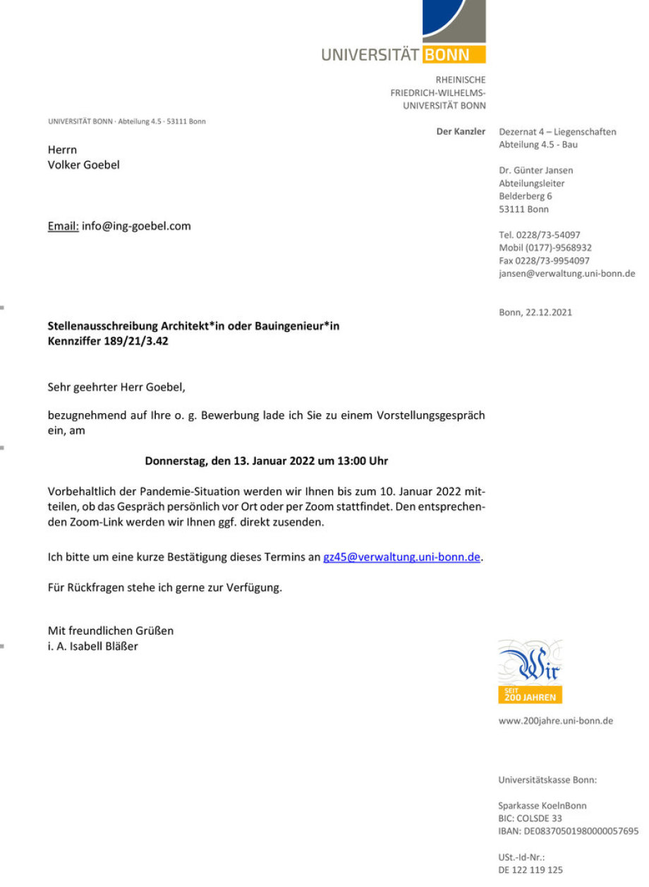 Einladung der Uni Bonn an Volker Goebel Dipl.-Ing. Arch.
