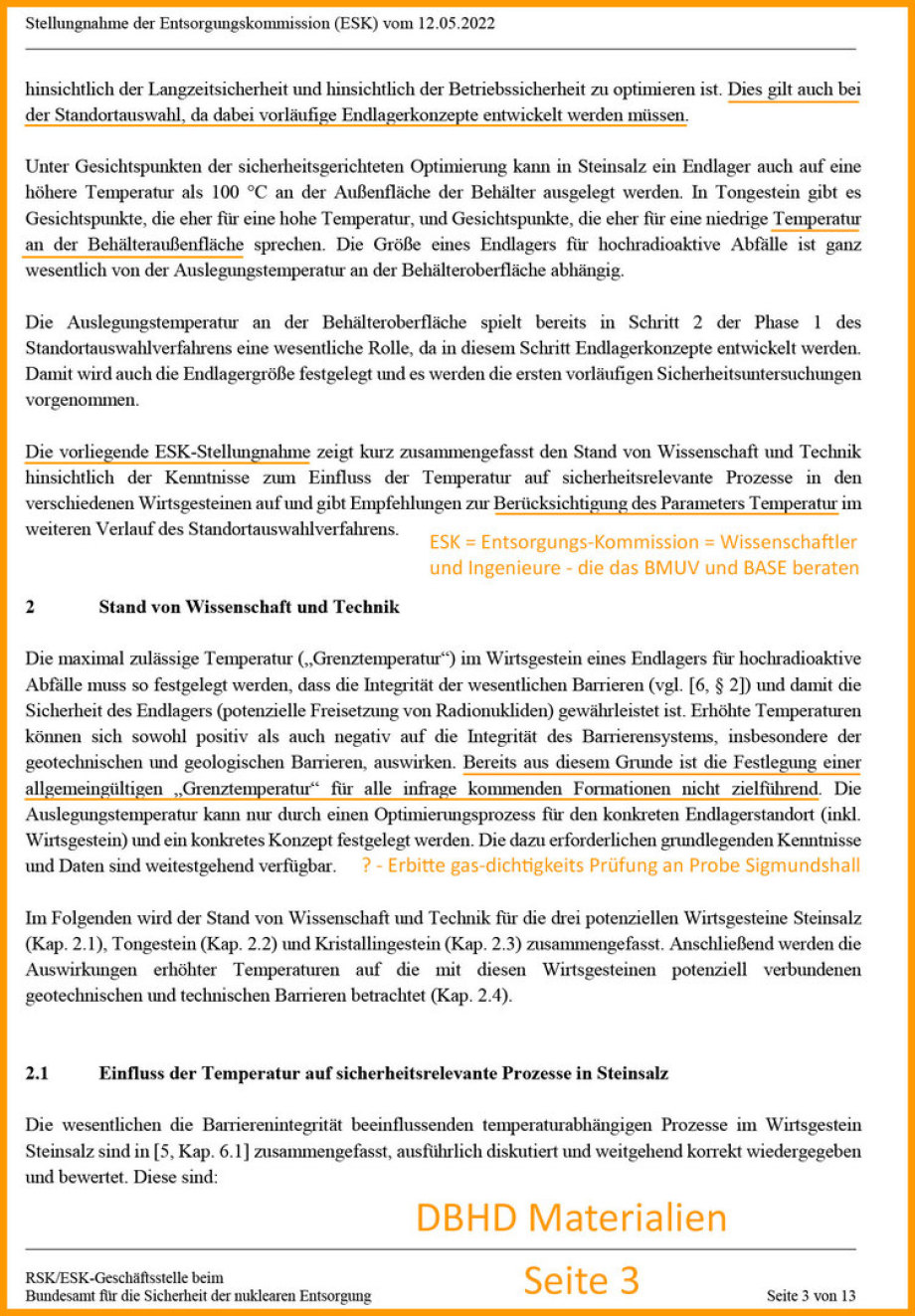 Excerpt from the ESK Germany statement on temperatures in the repository - Auszug aus der ESK Stellungnahme zu Temperaturen im Endlager