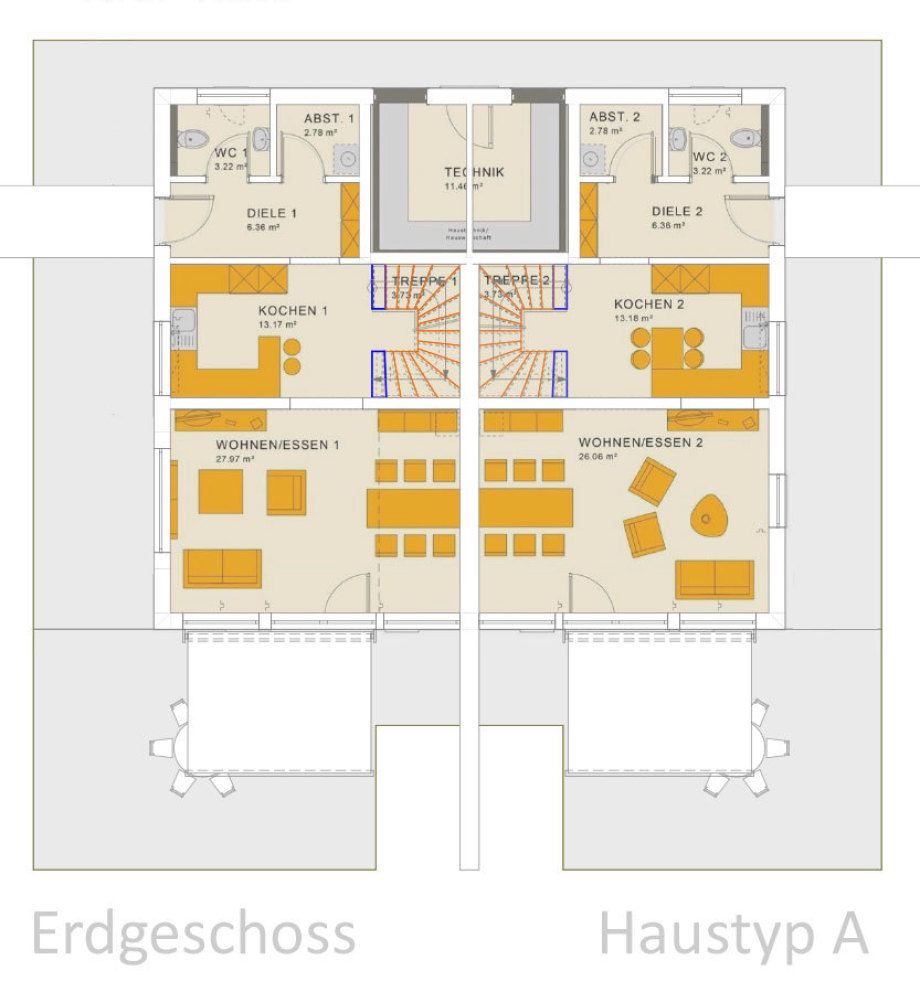 EG Grundriss 5 Zimmer Familien Doppelhaus-Hälfte 200 qm -  Siedlung Gut Hülsberg Ring Hagen Vorhalle NRW DE
