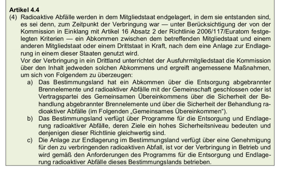 Gesetzliche EU Regeln für Zusammenarbeiten von EU Staaten in Sachen Endlager