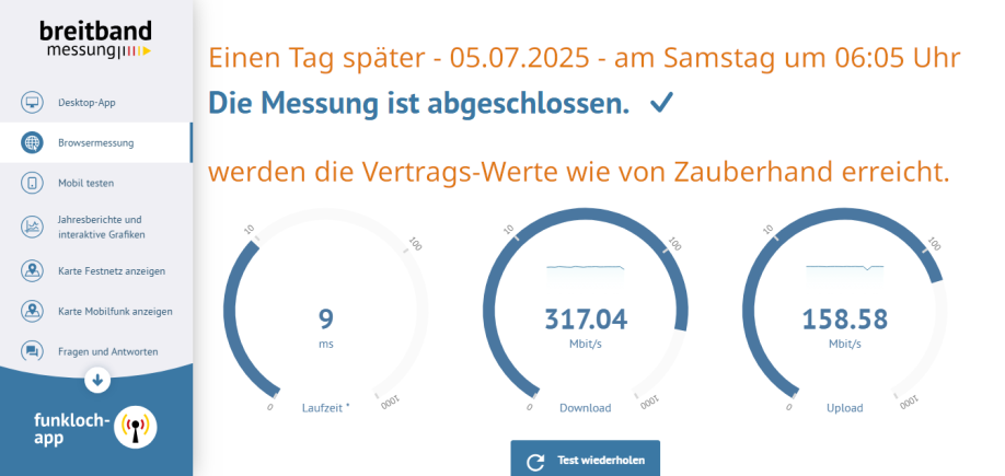 Glasfaser-Ausbau Telekom Hagen funktioniert - MfG Ing. Goebel  Einen Tag später - am Samstag um 06:05 Uhr morgens gemessen  werden die Telekom Vertrags-Werte dann aber erreicht ! hmm  Wegen der Uhrzeit / Nebenzeit - oder - Nach-Justierung erfolgt.
