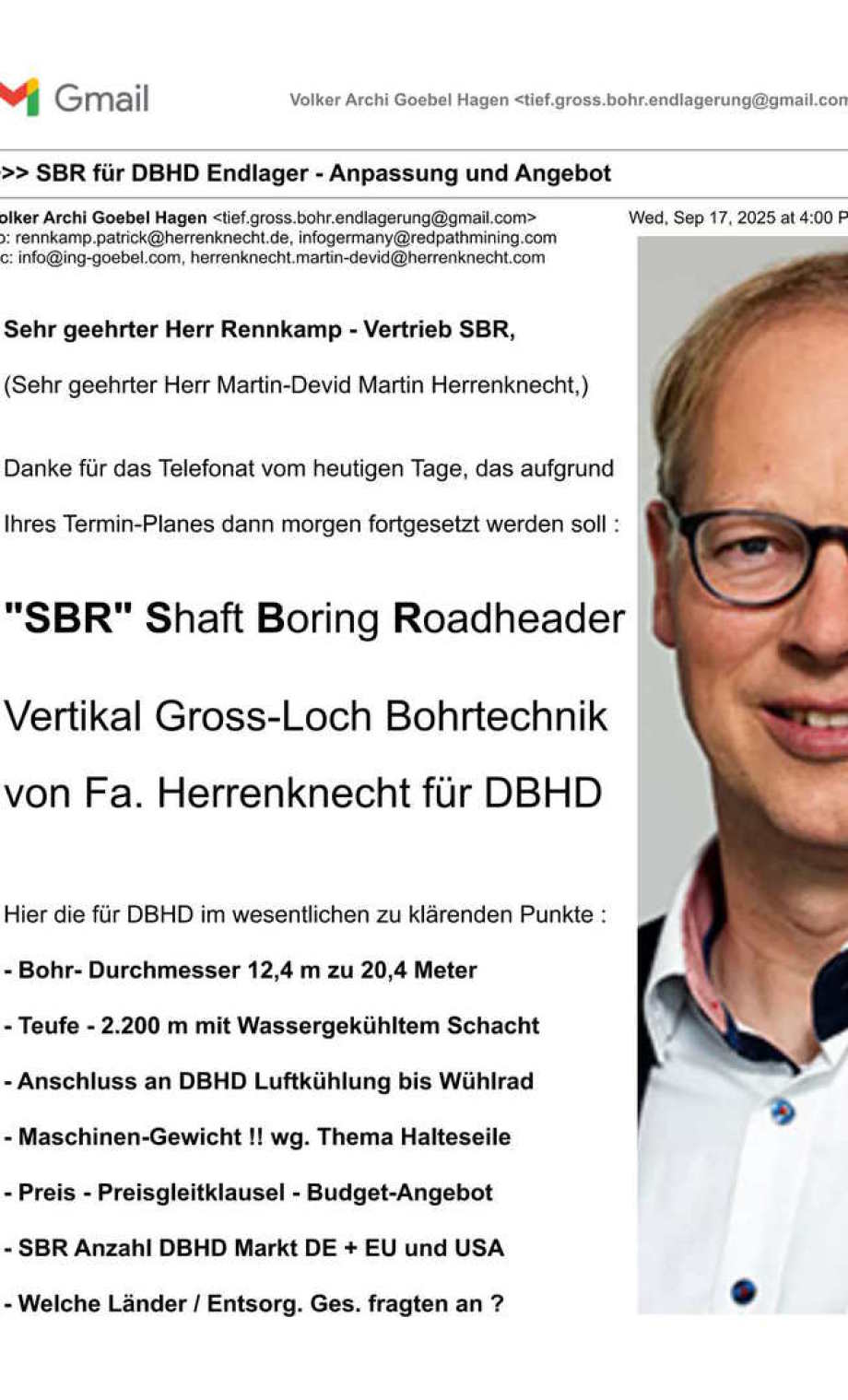 Anfrage SBR Tief-Gross-Loch-Bohrtechnik für DBHD an Fa. Herrenknecht - all die Jahre Herrn Rennkamp am Telefon - es wird Zeit für ein schriftliches Angebot - Die SBR ist bereits im NaPro BRD !! - Wir brauchen nun verbindliche Zusagen - Schriftlich bitte .