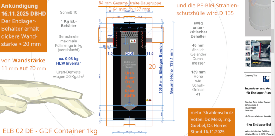 16.11.2025 - DBHD kündigt Korrektur der Wandstärke    des Endlager-Behälters an. - Neue Wandstärke 20 mm    (war 11 mm) mehrere Dr. Physiker und die Werte aus    der UVP Tabelle veranlassen den Architektur-Planer    zu dieser Korrektur - Neuer Stand damit