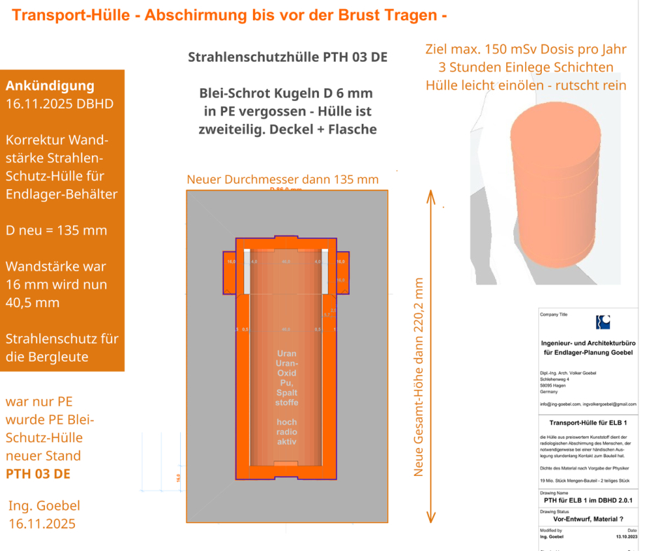 >>> Korrektur Wandstärke Strahlenschutz-Hülle für Endlager-Behälter. Wandstärke der PE-Blei-Hülle war 16 mm nun 40,5 mm rundherum. Es gab viele Stimmen die mehr S>>> Korrektur Wandstärke Strahlenschutz-Hülle für Endlager-Behälter. Wandstärke der PE-Blei-H