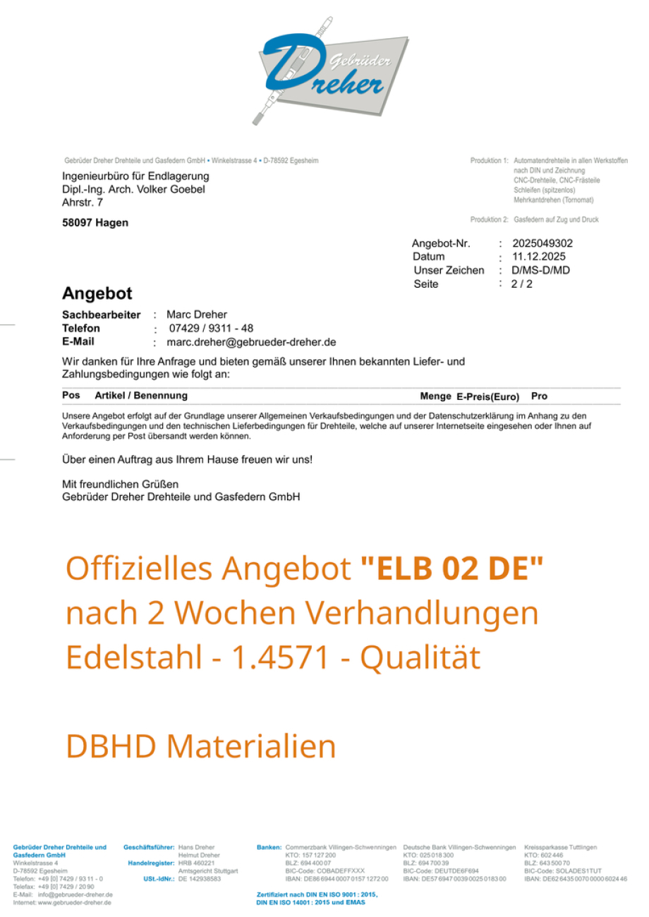 >>> Das ANGEBOT für den Endlager-Behälter ELB 02 DE ist da. - Nach  2 wöchigen Verhandlungen. - Qualität hat Ihren Preis. Edelstahl 1.4571  hat auch seinen Preis. Großer Dank an https://www.gebrueder-dreher.de/