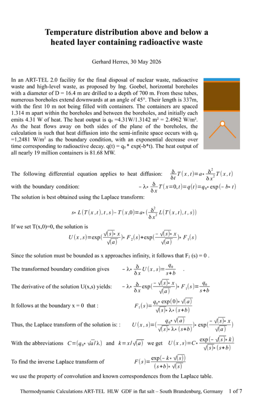 1-7 >>> THERMODYNAMIC CALCULATION by German Physicist Dr. Gerhard Herres - as an example - Temperatur of ART-TEL GDF in flat rocksalt - 48 °C after 58 years causing 15 cm surface rising in South Brandenburg DE. - Science decides GDF - it is that simple ..