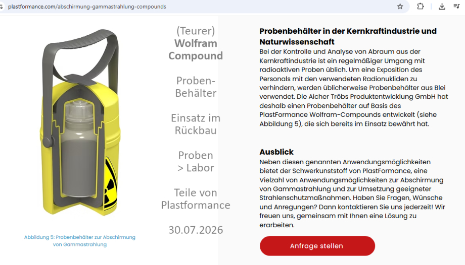Probenbehälter - Einsatz im Rückbau von Kernenergie-Anlagen - Achtung - Wolfram-Compound - viel teuer als Blei-Behälter