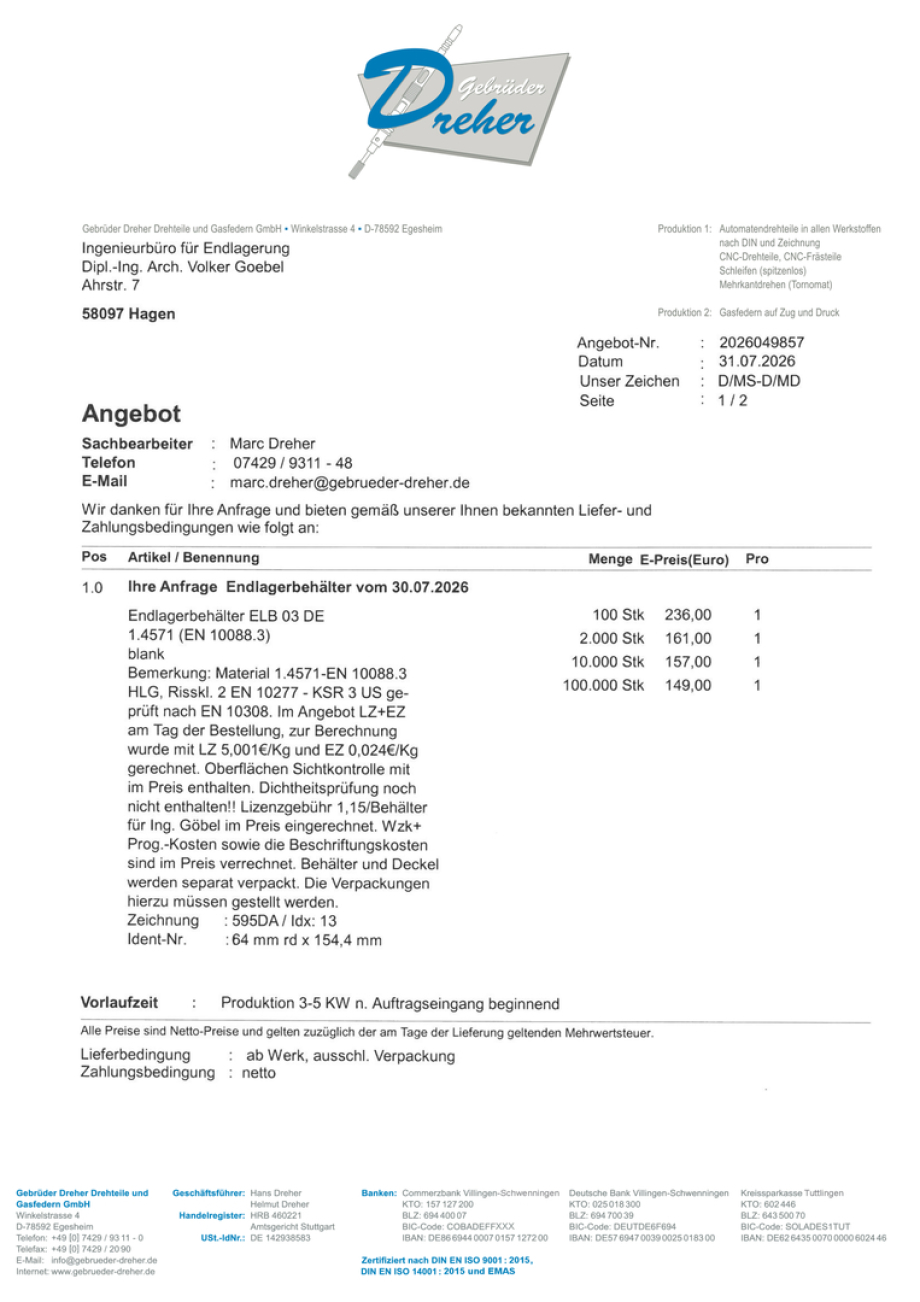 Angebot Preis Endlager-Behälter ELB 03 DE - Made in Germany - Qualität