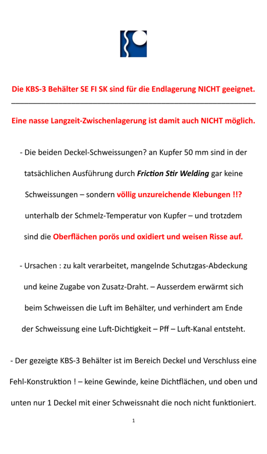 Peer Review KBS-3 Kritik von Endlager-Planer Ing. Goebel DE - Schwerpunkt Kupfer Füge Probleme der SKB