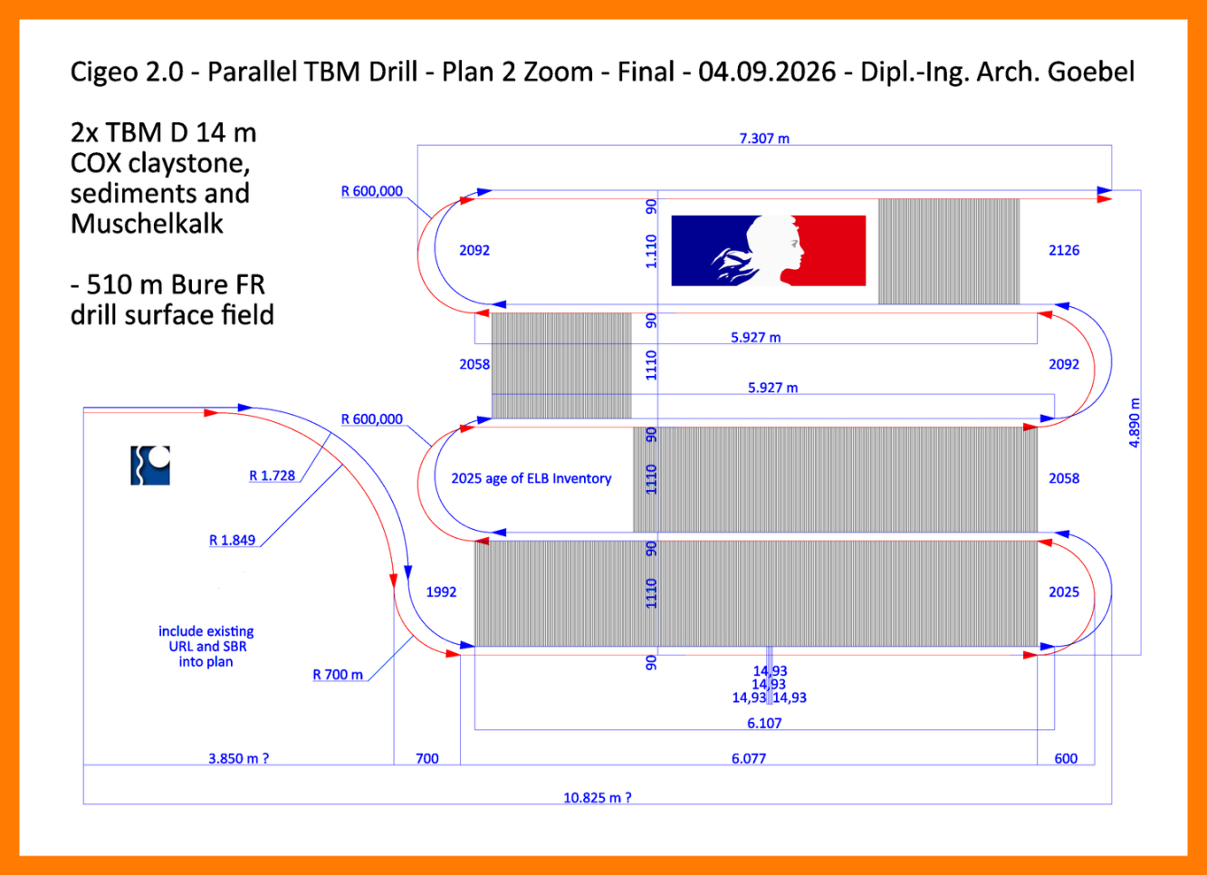 Plan de forage 2D du tunnelier Cigeo 2.0