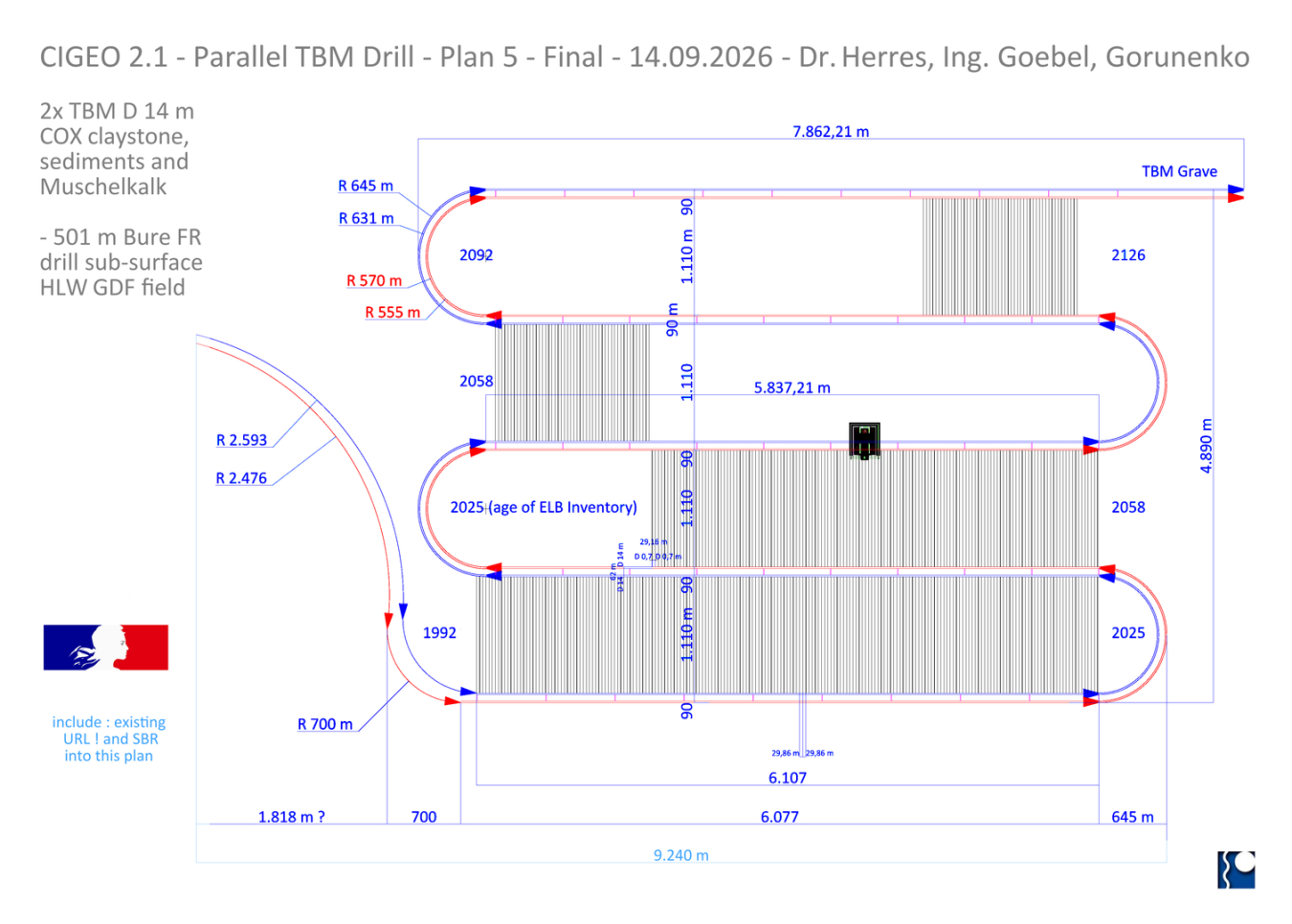 Plan de forage 2D du tunnelier Cigeo 2.0