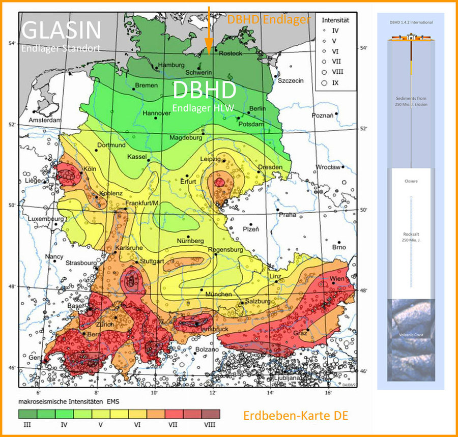 geologische Karte mit HLW Endlager Standorten Deutschland DBHD bei Glasin