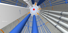 >>> Glück auf - Blick nach oben im DBHD - Zugangs-Schacht D=12 Meter - blau Luftkühlung und Wasserkühlung - grau Beton-Liefer-Rohre, Aufzug, Not-Treppe, orange Zwischen-Ebenen, rot Castor HLW Container - Ein Bild aus der Ausführungs-Planung das eine ferti