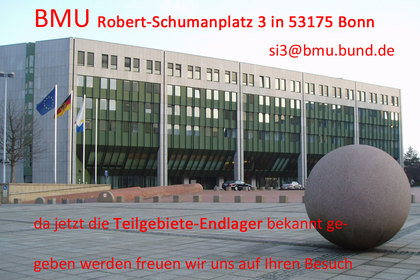 >>> BMU Robert-Schumanplatz 3 in 53175 Bonn da jetzt die Teilgebiete-Endlager bekannt ge- geben werden freuen wir uns auf Ihren Besuch #BMU #Teilgebiete #Endlager - si3@bmu.bund.de