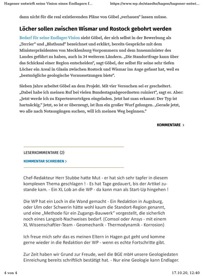 >>> Die Zeitung Westfalenpost macht einen ersten Artikel zum DBHD Endlager Planungs Vorschlag von Ing. Goebel - #Endlager #Planung #DBHD #IngGoebel #Westfalenpost