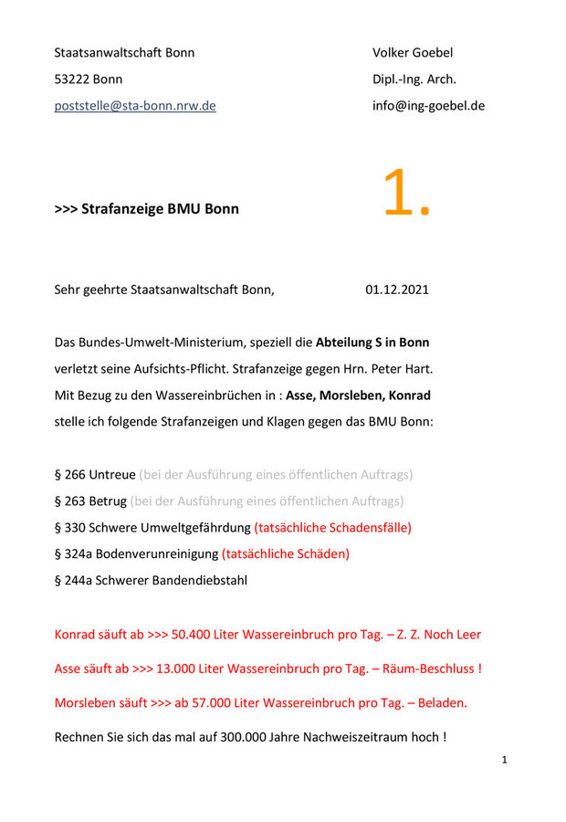 Strafanzeige gegen BMU Bonn Abteilung S Cloosters und Hart