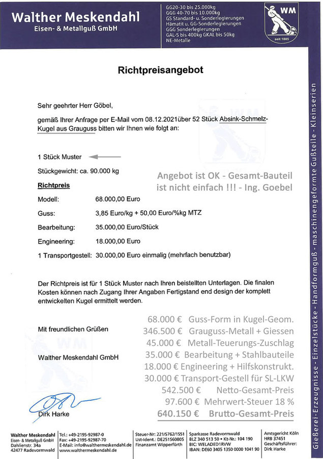 Angebot für Schmelz-Kugel von Fa. Meskendahl DE ist OK - Heizelemente, Transporte und Tests kommen noch dazu