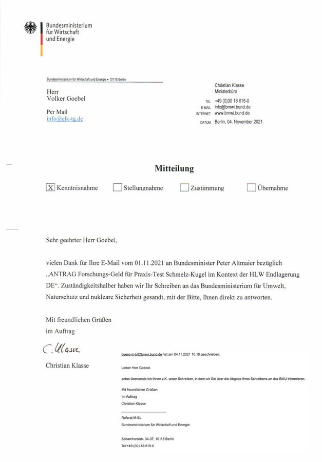 Brief vom BMWi - Thema Schmelz-Kugel Test