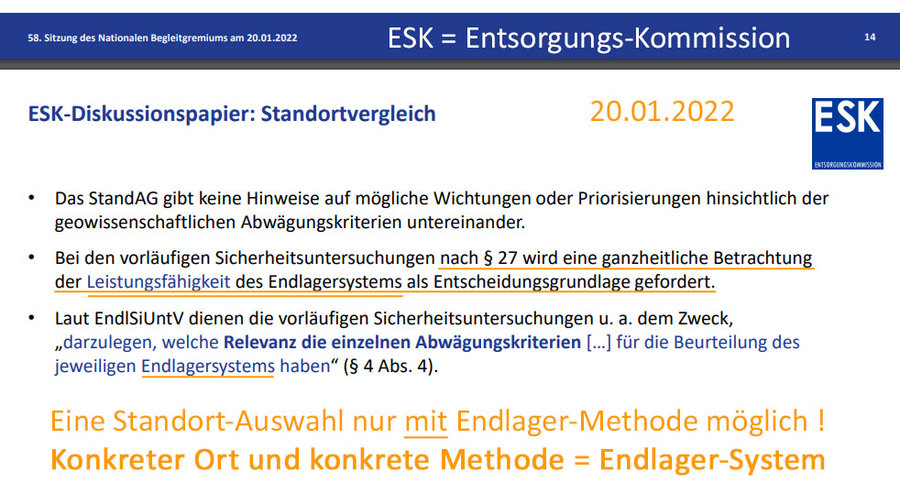 ESK Entsorgungs-Kommission fordert "Endlager-Systeme" - Konkreter Standort und konkrete Methode = Endlager-System