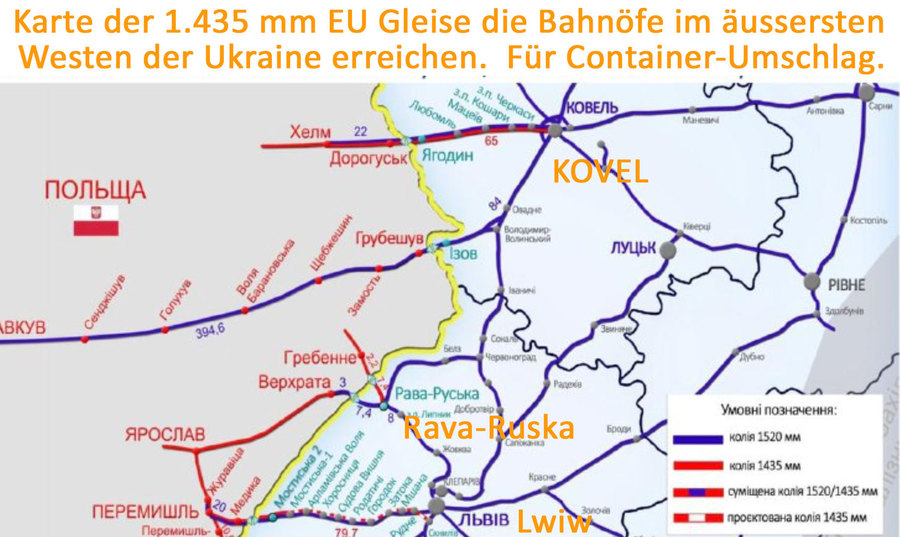 Karte der 1,435 m Gleise die in die Ukraine reinführen