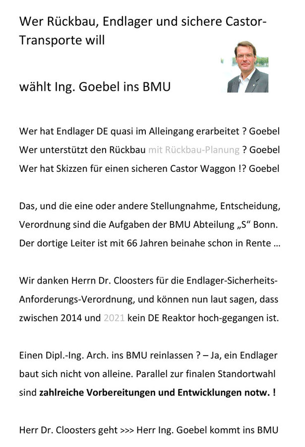 Aufruf Bewerbung Ing. Goebel Nachfolge Dr. Cloosters im BMU Berlin/Bonn Abt. "S"