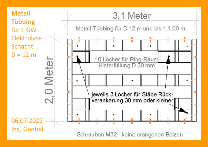 Seiten-Ansicht Metall-Tübbing Elektrolyse-Schacht D 12 T 300 bis 1.100 Meter