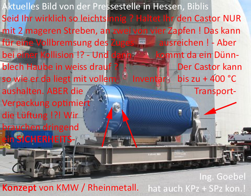 >>> Auftrag Transport-Hauben S-Konzept an KMW Rheinmetall - Entwurf schreibt BASE aus - Bestellung macht die BGZ - Entwurf, Ausführungs-Planung, Proto-Typenbau, Kleinserie - Wir transportieren 2.047 Castoren aller Jahrgänge über einen Zeitraum von 64 Jahr