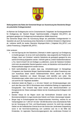 Seite 1 Stellungsnahme des Rates der Gemeinde Börger und angrenzender Gemeinden