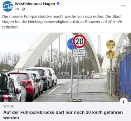 Fuhrparkbrücke Hagen jetzt auf Tempo 20 km/h reduziert