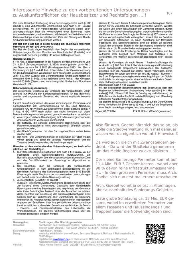 >>> Auszug aus dem Amtsblatt Hagen - Rats-Beschluss Sanierung Eastside Hagen auf Basis einer Sanierungs-Gebiets Definition der Stadtplanung Hagen Seite 1 und Seite 2. Ein 10 Jahres Programm.