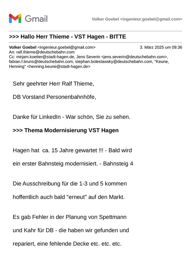 >>> Bitt-Brief an den erfreulichen Herrn Ralf Thieme - DB Vorstand Personen-Bahnhöfe - VST Hagen - Modernisierung - kein einfacher Fall, aber schon mit kl. Mittel-Einsatz lösbar - Hagen möchte leben !