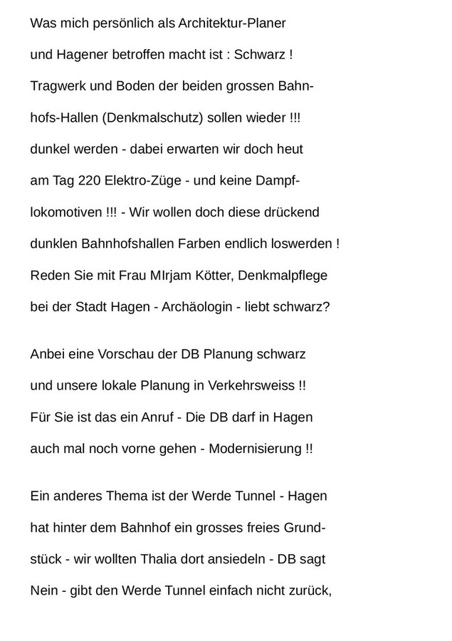 >>> Bitt-Brief an den erfreulichen Herrn Ralf Thieme - DB Vorstand Personen-Bahnhöfe - VST Hagen - Modernisierung - kein einfacher Fall, aber schon mit kl. Mittel-Einsatz lösbar - Hagen möchte leben !