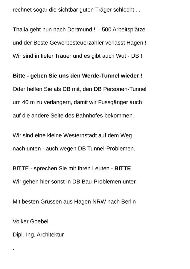 >>> Bitt-Brief an den erfreulichen Herrn Ralf Thieme - DB Vorstand Personen-Bahnhöfe - VST Hagen - Modernisierung - kein einfacher Fall, aber schon mit kl. Mittel-Einsatz lösbar - Hagen möchte leben !