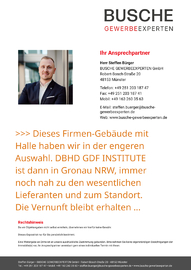 Dieses Firmen-Gebäude mit Halle haben wir in der engeren Auswahl. DBHD GDF INSTITUTE ist dann in Gronau NRW - immer noch nah zu den wesentlichen Lieferanten und zum Standort - Die Vernunft bleibt erhalten.