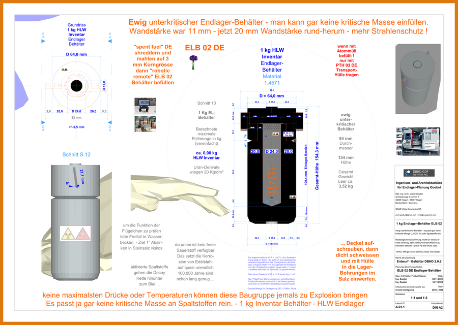 DBHD Endlager-Behälter ELB 02 DE - aus Edelstahl 1.4571 - max. 1 kg Inventar - ewig unterkritisch unter Endlager Bedingungen