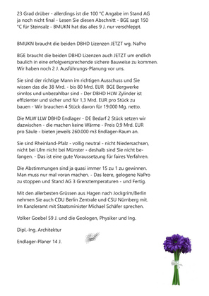 >>> Ing. Goebel schreibt an den Obmann im Ausschuss für Umwelt  und nukleare Sicherheit Herrn Dr. Gebhart MdB - CDU CSU kann mit  DBHD wieder ins Thema einsteigen. DBHD muss ins NaPro BRD > EU