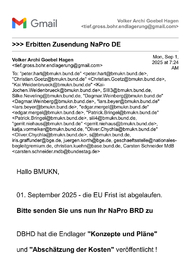 >>> Montag 01. Sept. 2025 - Ing.Goebel schreibt an BMUKN Bonn. Aufforderung das NaPro BRD 2025 zuzusenden. Nationales Nukle- ares Entsorgungs-Programm. Hat diesmal DBHD allein erfüllt > EU