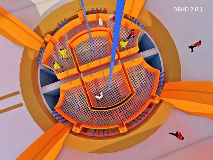 Schacht-Kopf DBHD Endlager - da laufen viel Seile und Rohrleitungen zusammen  - Zwei Körbe am Seil - Längs- und Quer-Belieferung - offener Schacht - Förderturm überdacht