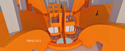 Schacht-Kopf DBHD Endlager - da laufen viel Seile und Rohrleitungen zusammen  - Zwei Körbe am Seil - Längs- und Quer-Belieferung - offener Schacht - Förderturm überdacht