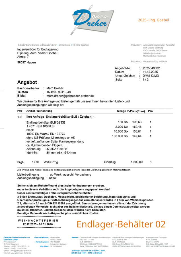 Angebot Endlager-Behälter Fa. Gebr. Dreher - 2 teiliges Drehteil aus Edelstahl