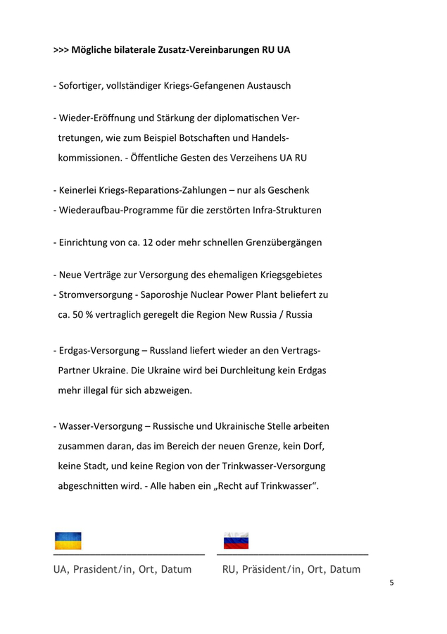 Entwurf : Friedens-Vertrags-Vorschlag Deutsch - Russland-Ukraine Krieg. Die vorliegende Version 5 vom 10.02.2026 enthält jetzt Donbas Regelung. Es sind die Unterschriften die zählen. 