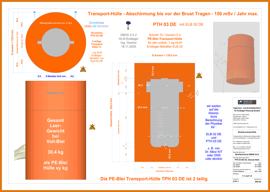Transport-Hülle PTH 03 DE - enthält DBHD Endlager-Behälter ELB 02 DE - PE Blei Strahlenschutzhülle