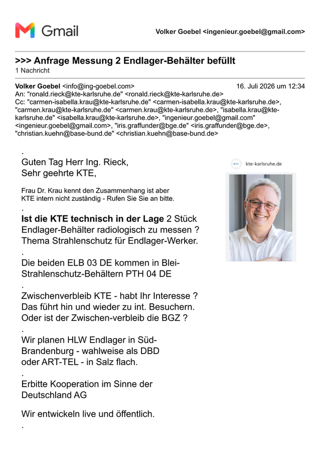 Brief an Ronald Rieck - technischer Leiter KTE Karlsruhe in 2026